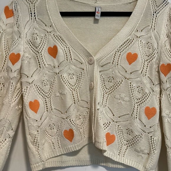Blue Steel Medium Cream Open Knit Button cardigan w/ Orange Embroidered Hearts. - Picture 10 of 11